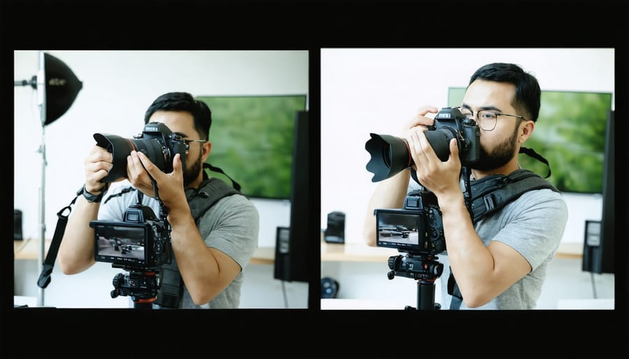 Multiple photographers examining and testing various camera equipment in a studio setting