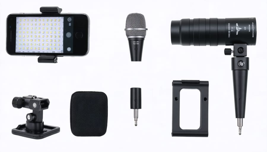 Fully assembled smartphone video recording setup showing various attachments and accessories