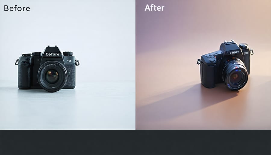 Split-screen comparison of a challenging photo scene before and after AI enhancement
