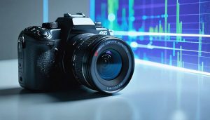 A composite image depicting the transformation from traditional DSLR to modern depth-sensing camera technology, highlighting 3D mapping and energy-efficient design.