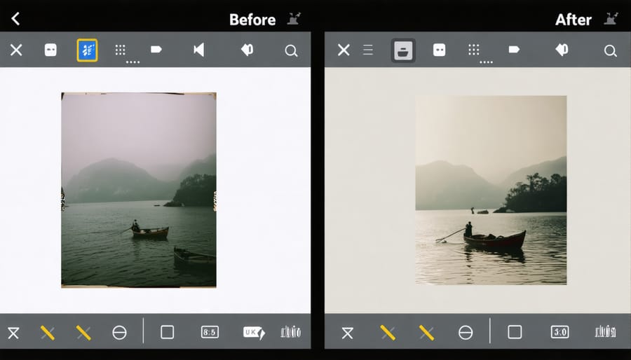 Side-by-side comparison of unedited and edited environmental photo on smartphone screen
