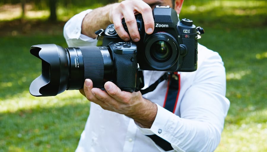 Event photographer using multiple cameras with different types of lenses at a wedding