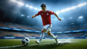 Soccer player caught in the middle of a powerful kick during a night game, highlighted by stadium lights and field markings that create dynamic leading lines, emphasizing the action's speed and intensity.