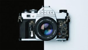 A split image showcasing a classic film camera alongside modern digital sensors, illustrating the fusion of traditional and digital photography technologies.