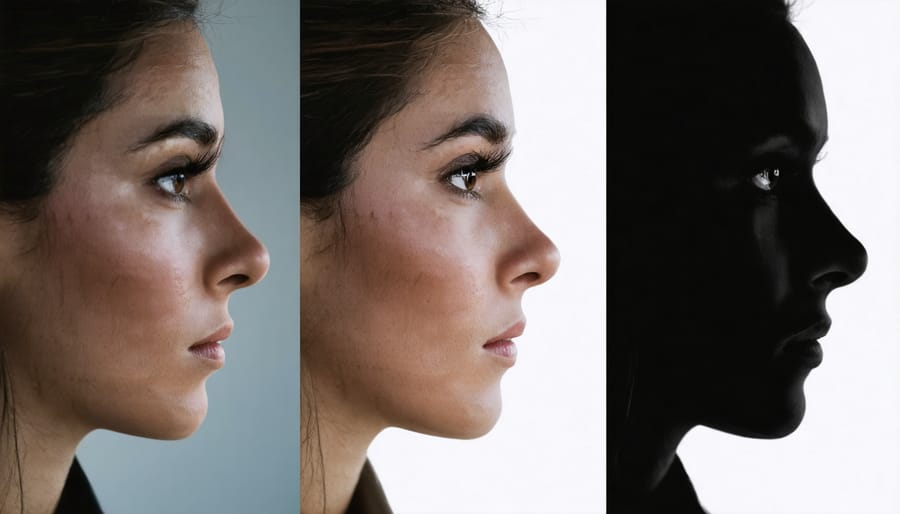 Comparison showing how different focal lengths affect facial features - wide angle shows distortion while portrait lengths appear more natural