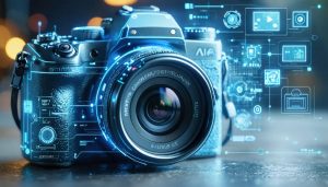 Futuristic camera with digital interface showcasing AI features and advanced photography gadgets, representing the innovation in modern photography.