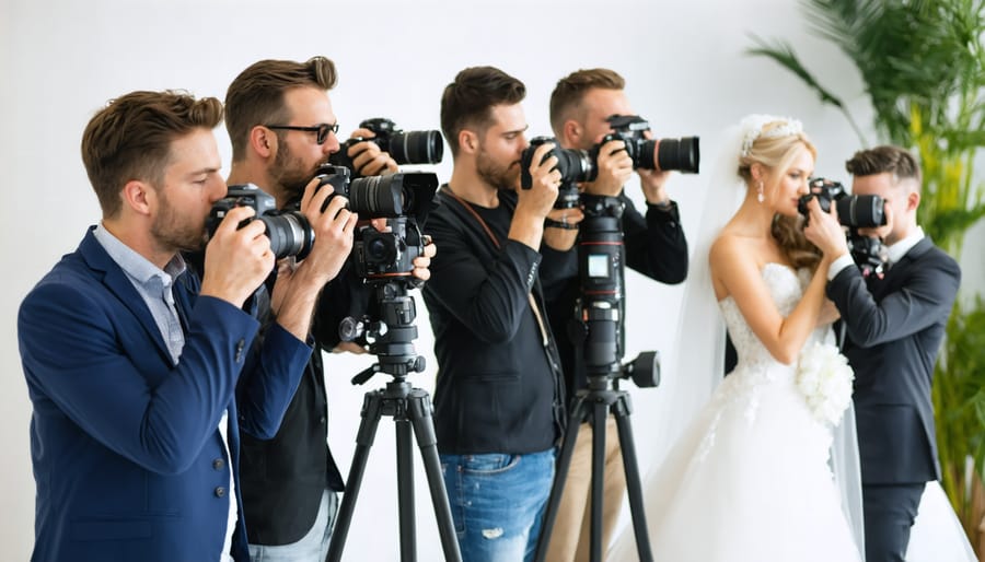 Multiple photographers learning composition techniques during a group mentorship session