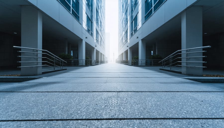 Modern architecture with strong diagonal lines guiding the eye through the frame