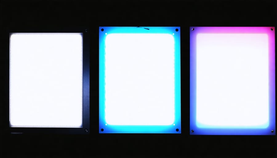 Different types of LED lighting panels demonstrating various lighting effects