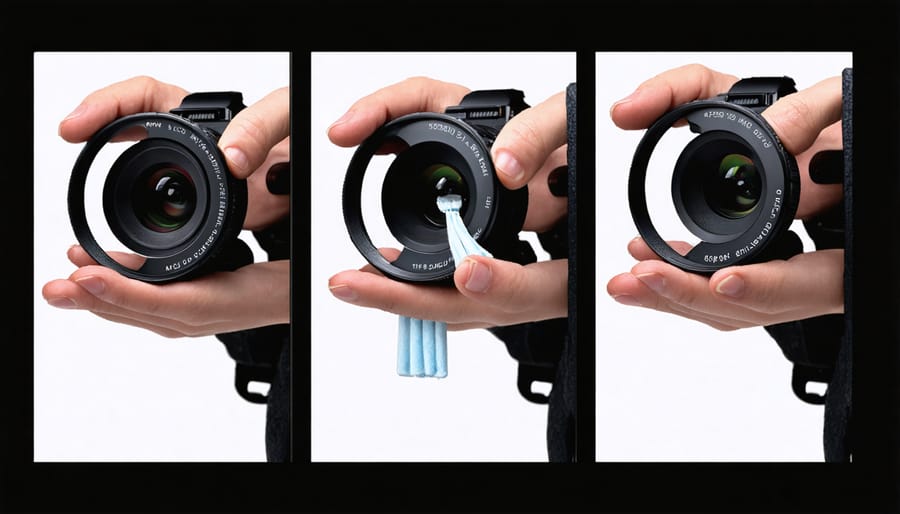Photography lens cleaning demonstration with microfiber cloth and cleaning solution