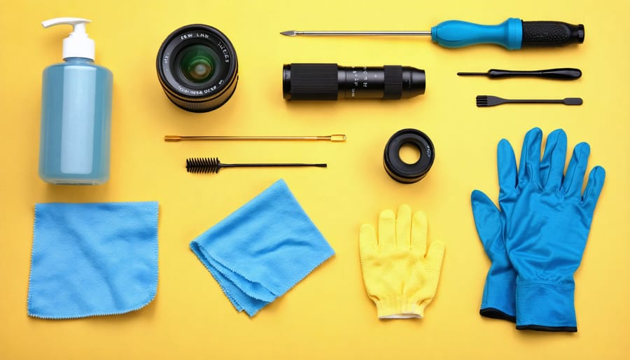 Essential tools and supplies needed for cleaning lens fungus laid out on a clean workspace