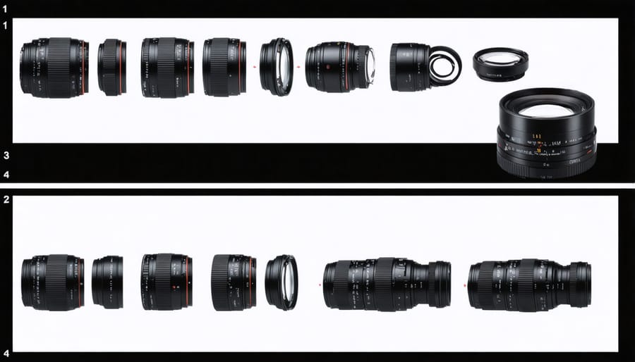 Detailed visual guide showing proper lens disassembly steps with numbered parts