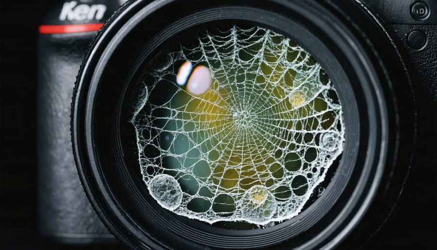Camera lens with visible fungus growth showing characteristic web-like patterns and white spots