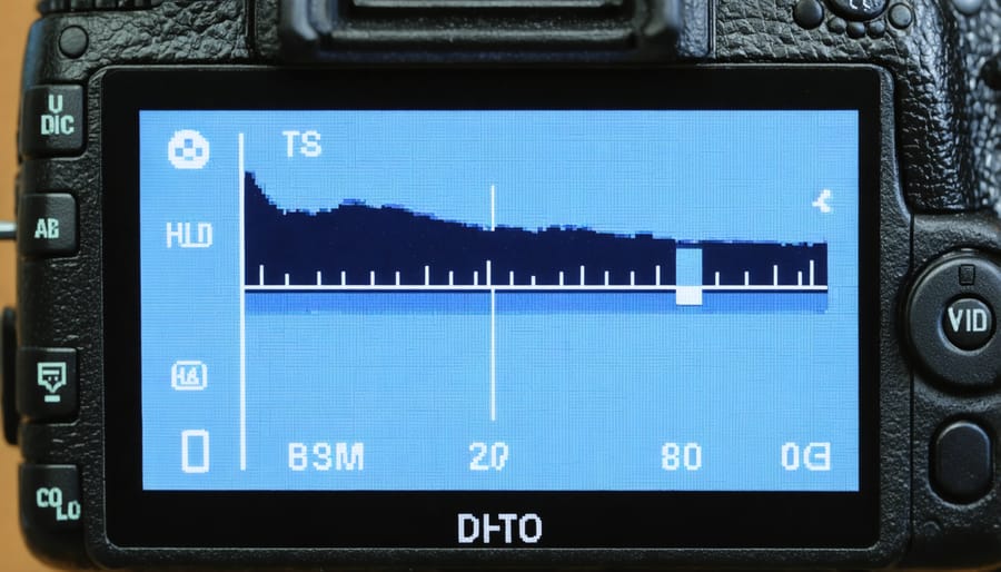 Close-up of camera light meter display showing exposure level indicators