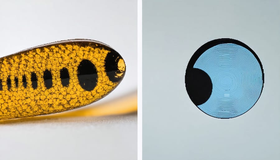 Three identical macro shots showing depth of field at f/2.8, f/8, and f/16