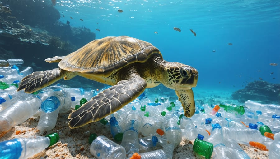 Green sea turtle navigating through floating plastic bags and debris in ocean