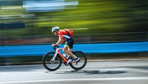 A dynamic photograph of a runner at full speed, sharply in focus against a motion-blurred background, emphasizing the energy and technique of fast-action photography.