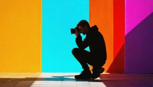 Photographer silhouette against a backdrop of leading lines, vibrant colors, and balanced elements representing diverse photographic composition techniques.