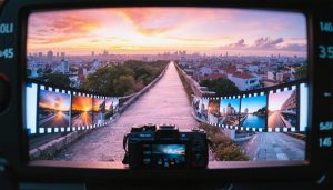 Action camera on motorized slider capturing city landscape at sunset, with a series of still images transforming into a time-lapse sequence.