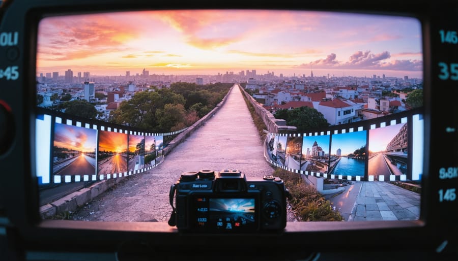 Action camera on motorized slider capturing city landscape at sunset, with a series of still images transforming into a time-lapse sequence.
