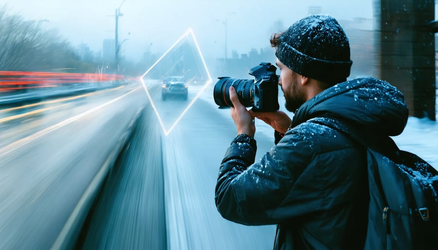 A photographer adjusting camera settings surrounded by scenes showcasing creative uses of manual photography - blurred water, clear portraits, and cityscapes, with an overlay of the exposure triangle.