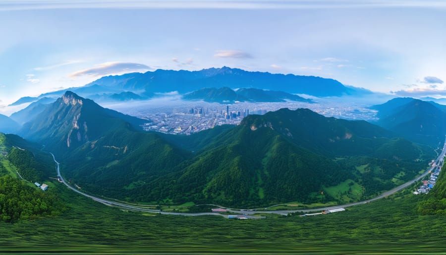 A wide-angle panoramic view showcasing a seamless transition from a majestic mountain landscape to a vibrant cityscape, illustrating the immersive quality and detail of panoramic photography.