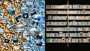 A split-screen image showing a chaotic pile of digital photos on one side and a well-organized, metadata-tagged photo library on the other, highlighting the power of metadata in transforming photo collections.