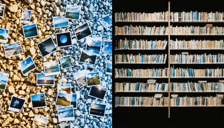 A split-screen image showing a chaotic pile of digital photos on one side and a well-organized, metadata-tagged photo library on the other, highlighting the power of metadata in transforming photo collections.