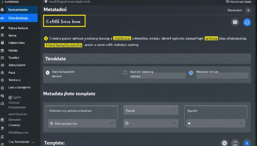 Professional metadata template interface showing important photography metadata fields