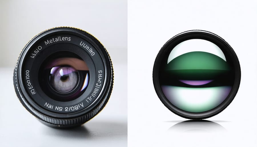 Side-by-side comparison of bulky traditional camera lens versus ultra-thin metalens