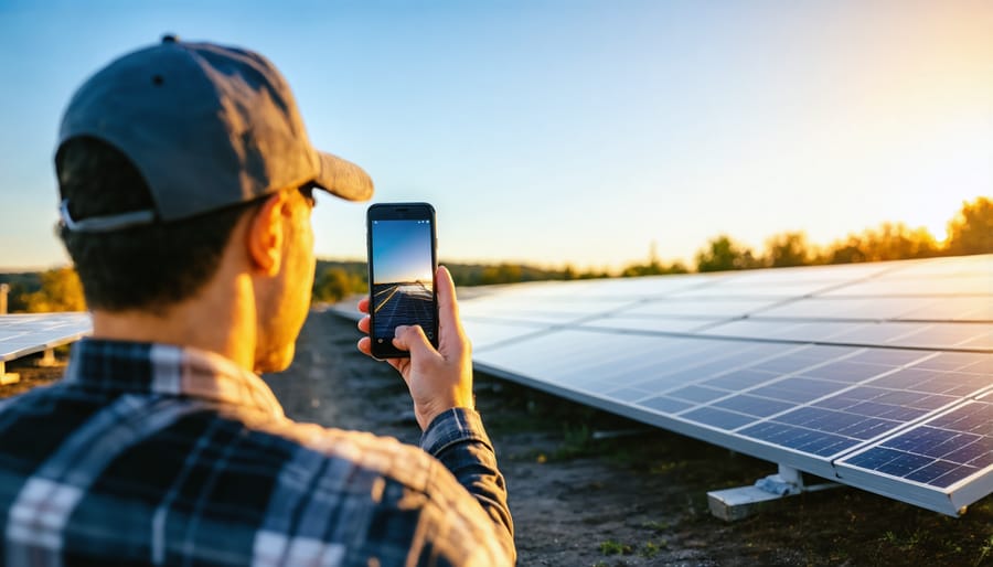 Person using smartphone to photograph rooftop solar panels at sunset