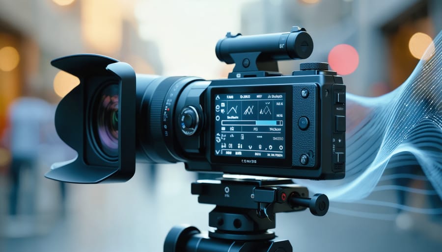 A modern video camera with an 8K recording interface showcasing the advanced features that are revolutionizing digital content creation, set against a backdrop symbolizing technological innovation.
