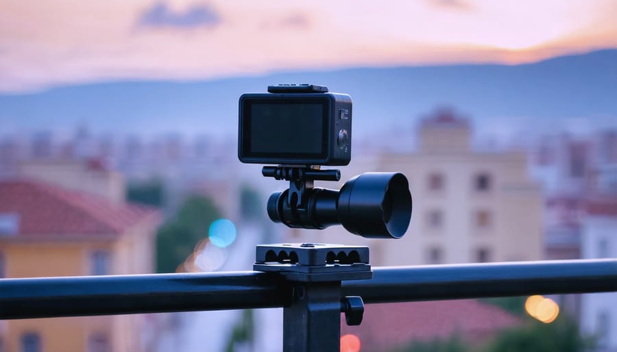 Action camera mounted on motorized slider photographing city skyline during sunset