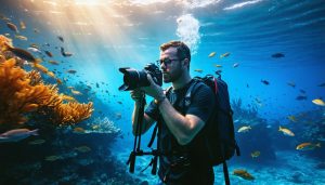 A National Geographic underwater photographer with advanced camera setup captures vibrant marine life illuminated by soft natural light in the ocean depths.