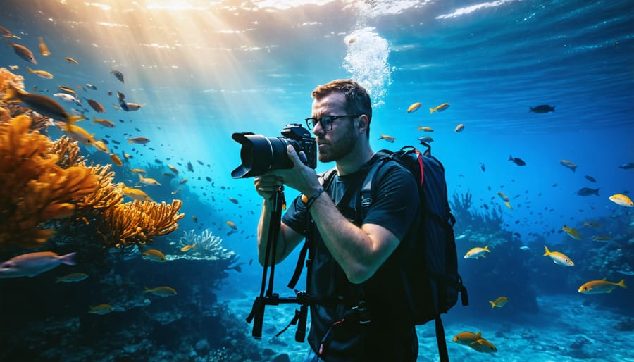 A National Geographic underwater photographer with advanced camera setup captures vibrant marine life illuminated by soft natural light in the ocean depths.