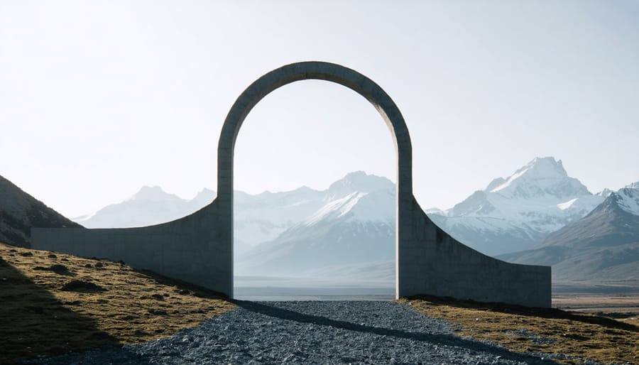 Stone archway naturally framing a mountain landscape in the distance