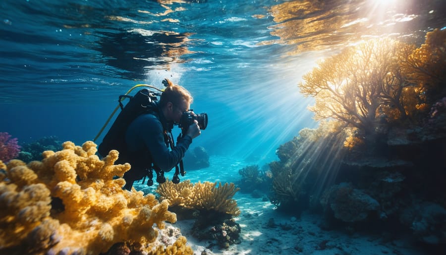 Underwater photographer shooting sunlight rays penetrating clear tropical waters above coral reef