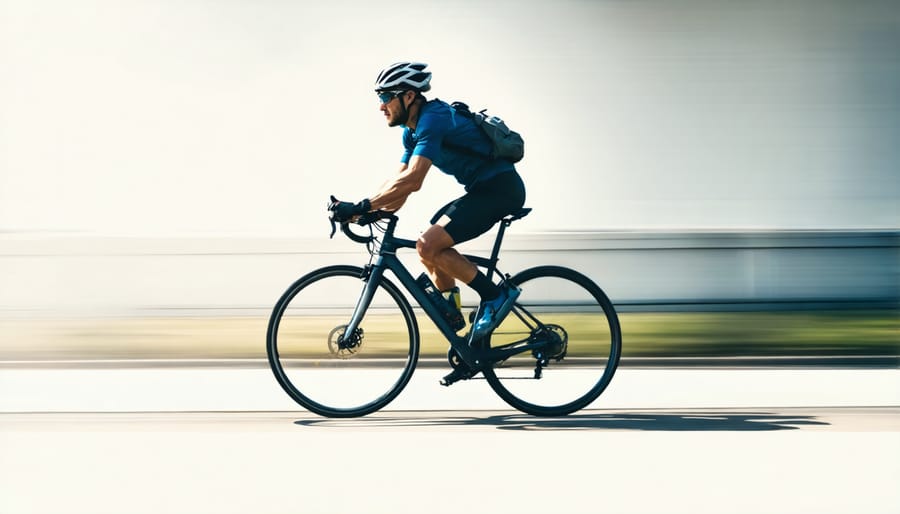 Panned photograph showing a sharp cyclist against a motion-blurred background