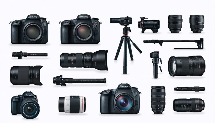Flatlay arrangement of camera equipment needed for panoramic photography