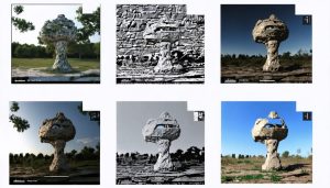 Artistic illustration depicting the process of converting 2D photographs into a 3D mesh model through photogrammetry, highlighting the stages of capturing, point alignment, and texture application.