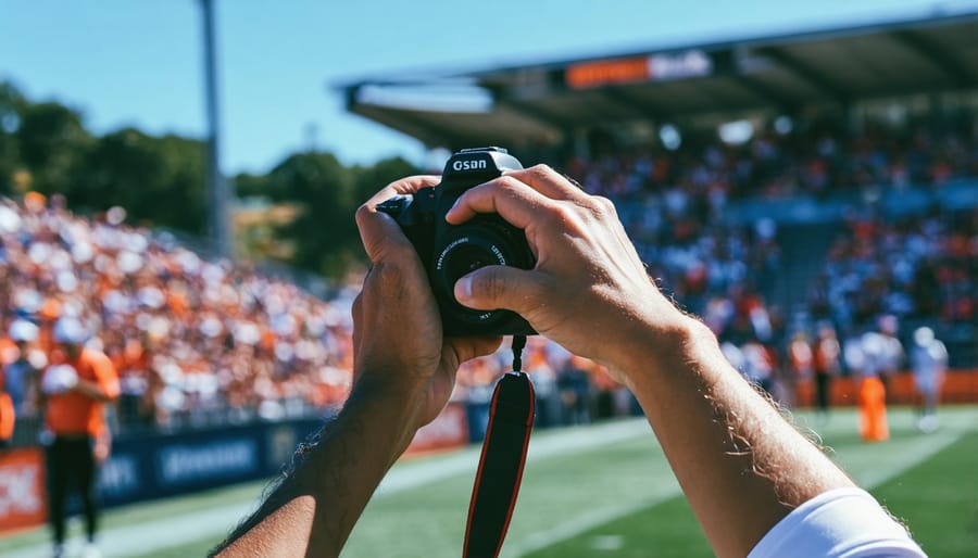 Photographer positioned at the optimal angle near a racing track with telephoto lens
