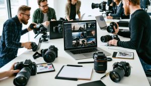 Diverse group of photographers collaborating around a modern workspace with cameras, laptops displaying project management tools, and mood boards.