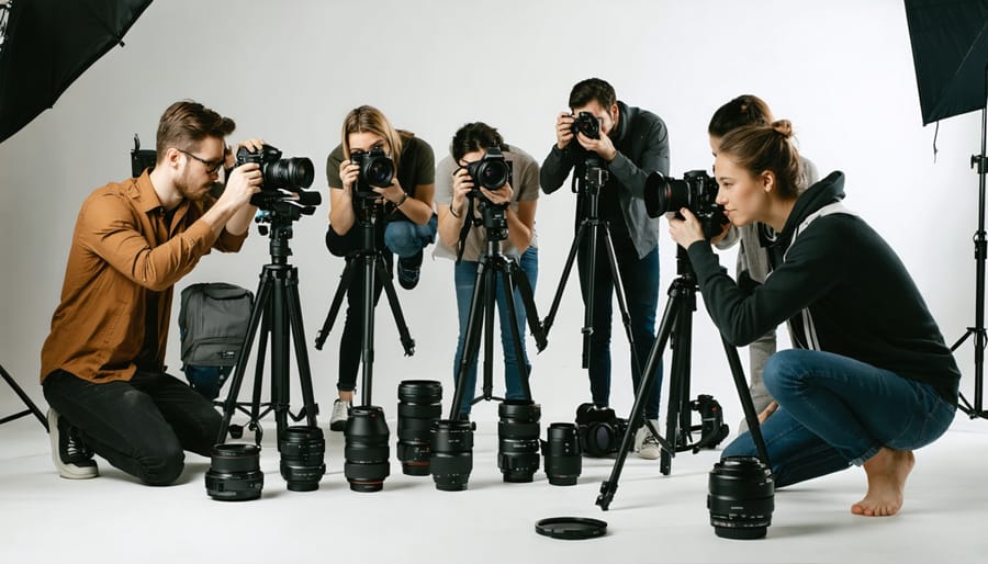 A diverse group of photographers collaborating in a studio, actively examining and testing modern camera equipment, with gear like lenses and tripods visible in the background.
