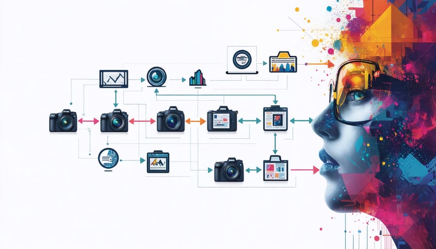 Infographic illustrating the steps and connections in a collaborative photography workflow