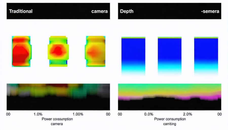 Power consumption comparison charts showing energy efficiency gains in modern depth-sensing cameras