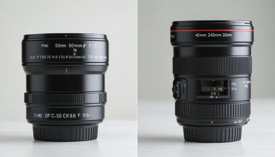 Visual comparison showing the physical differences between a compact prime lens and a larger zoom lens