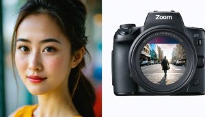 Split-image depicting the advantages of prime and zoom lenses: a sharp portrait with soft bokeh on the left vs. a versatile street scene capturing wide and detailed elements on the right.