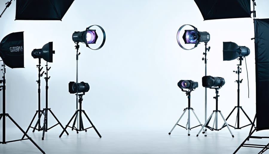 Conceptual image showing a fusion of photography and video lighting equipment, including LED panels and ring lights, arranged to represent both still and motion visual production.