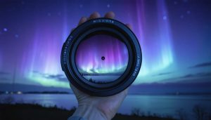 A futuristic camera lens embedded with cutting-edge quantum sensors, capturing the aurora borealis in vivid detail, representing the revolutionary advancements in photography brought by quantum technology.