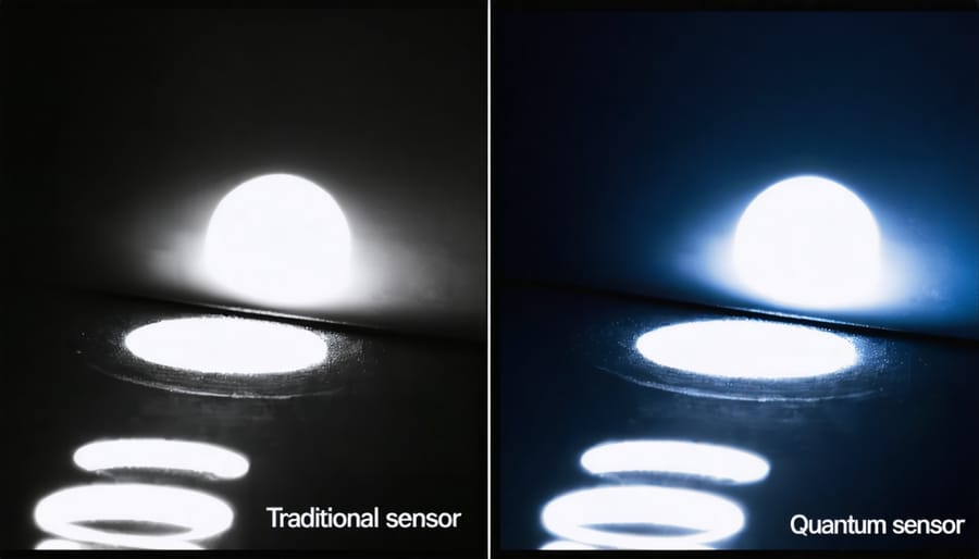 Side-by-side comparison of low light photography: traditional sensor showing noise versus cleaner quantum sensor image